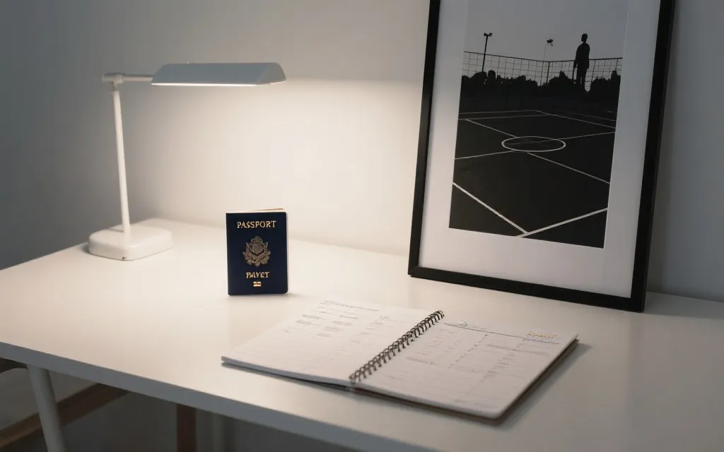 旅行规划桌面：护照、机票行程单、球场剪影海报与笔记本