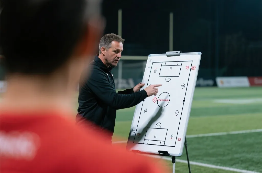 教练在战术板前布置阵型与球员跑位的比赛分析画面